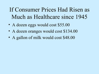 If Consumer Prices Had Risen as
 Much as Healthcare since 1945
• A dozen eggs would cost $55.00
• A dozen oranges would cost $134.00
• A gallon of milk would cost $48.00
 