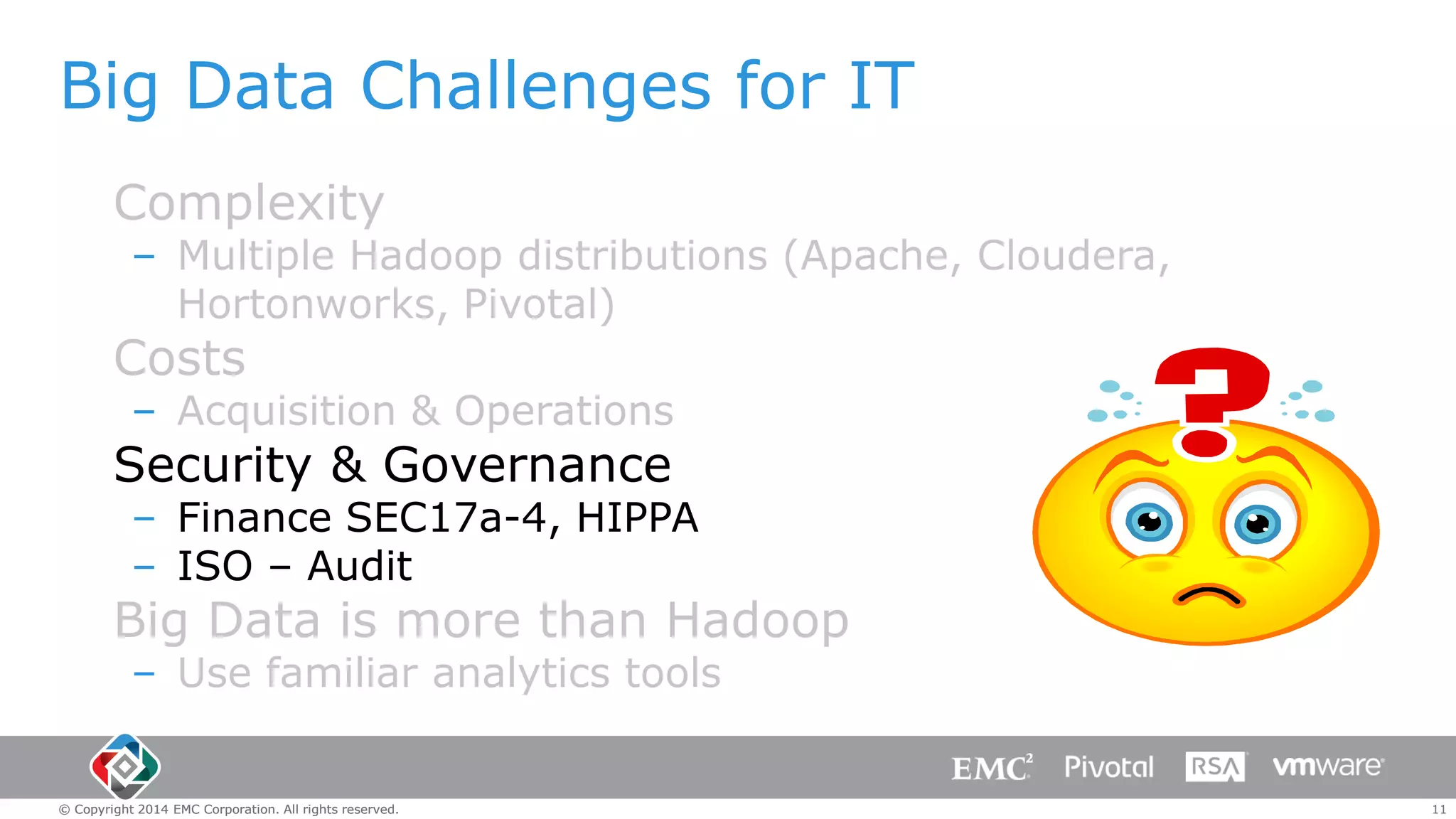 Big Data Challenges for IT
Complexity

– Multiple Hadoop distributions (Apache, Cloudera,
Hortonworks, Pivotal)

Costs

– Acquisition & Operations

Security & Governance

– Finance SEC17a-4, HIPPA
– ISO – Audit

Big Data is more than Hadoop
– Use familiar analytics tools

© Copyright 2014 EMC Corporation. All rights reserved.

11

 