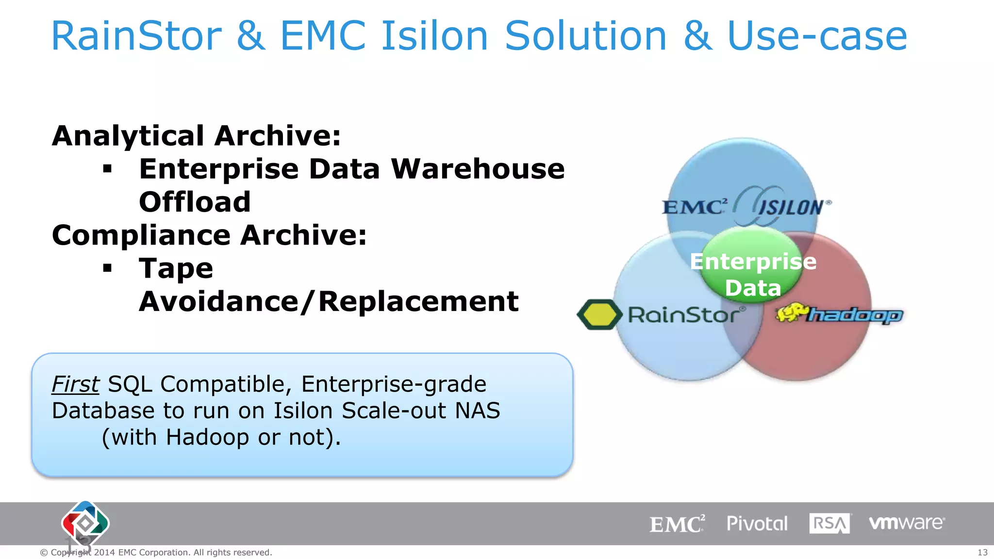 RainStor & EMC Isilon Solution & Use-case
Analytical Archive:
 Enterprise Data Warehouse
Offload
Compliance Archive:
 Tape
Avoidance/Replacement

Enterprise
Data

First SQL Compatible, Enterprise-grade
Database to run on Isilon Scale-out NAS
(with Hadoop or not).

13

© Copyright 2014 EMC Corporation. All rights reserved.

13

 