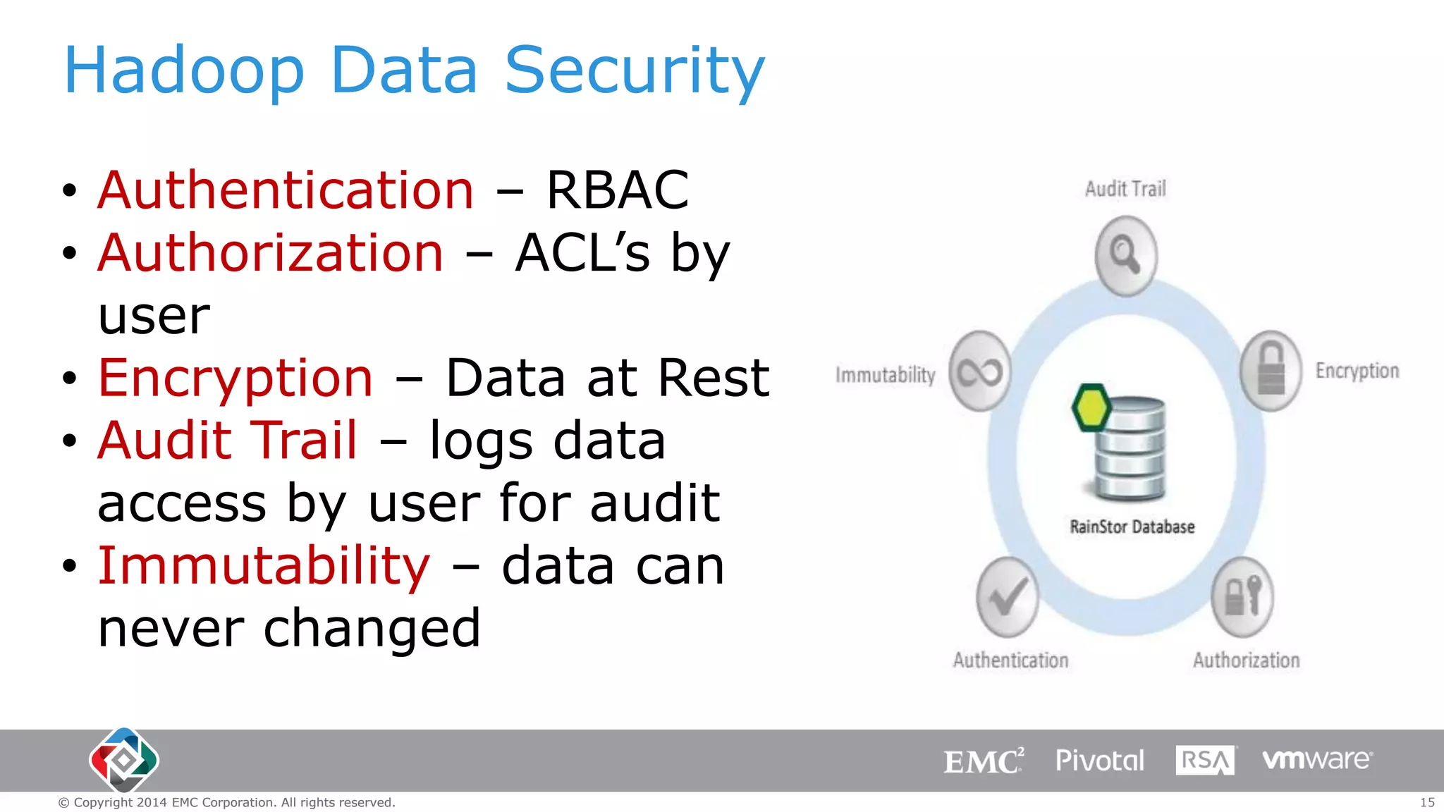 Hadoop Data Security
• Authentication – RBAC
• Authorization – ACL’s by
user
• Encryption – Data at Rest
• Audit Trail – logs data
access by user for audit
• Immutability – data can
never changed

© Copyright 2014 EMC Corporation. All rights reserved.

15

 