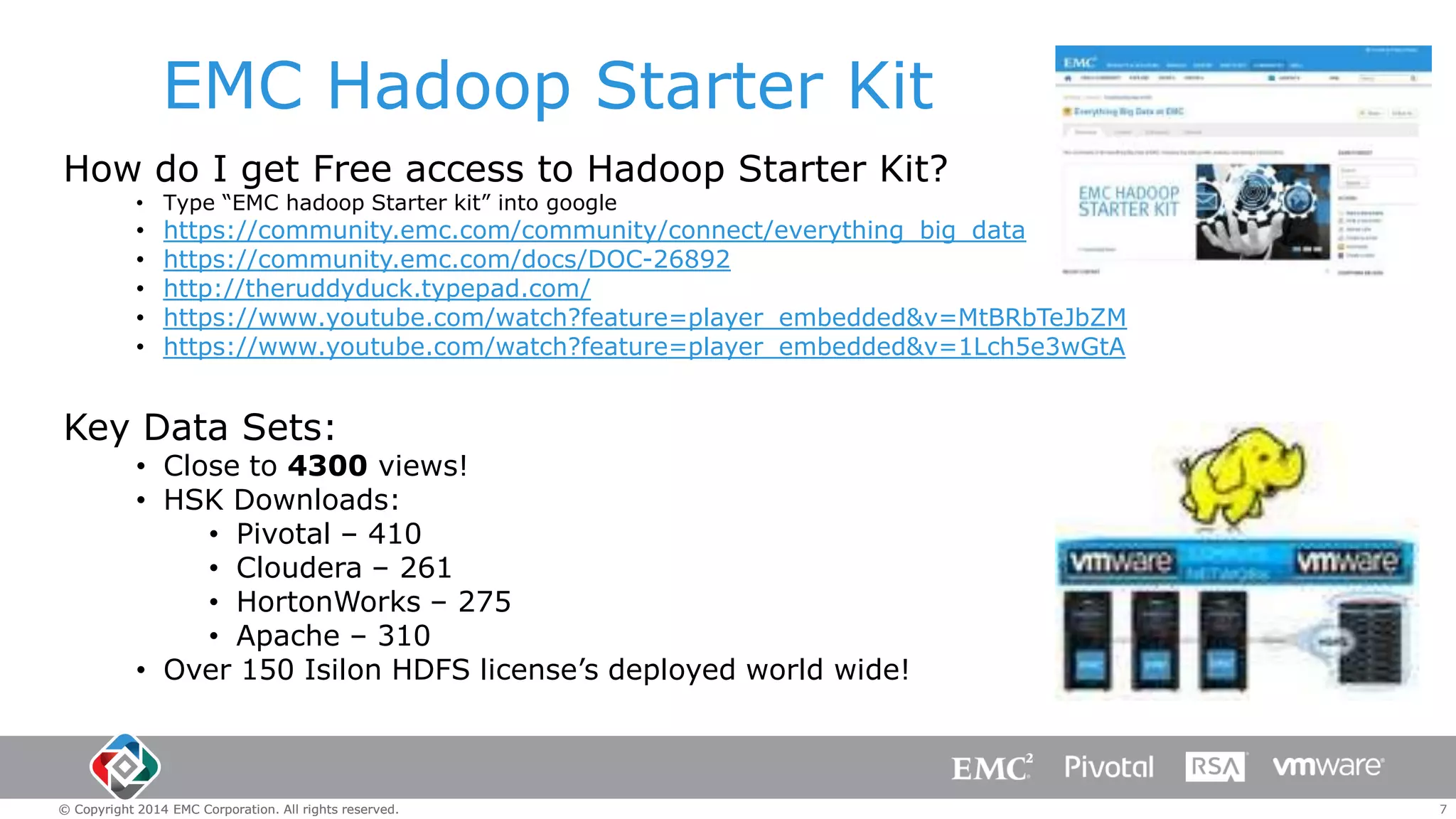 EMC Hadoop Starter Kit
How do I get Free access to Hadoop Starter Kit?
• Type “EMC hadoop Starter kit” into google

•
•
•
•
•

https://community.emc.com/community/connect/everything_big_data
https://community.emc.com/docs/DOC-26892
http://theruddyduck.typepad.com/
https://www.youtube.com/watch?feature=player_embedded&v=MtBRbTeJbZM
https://www.youtube.com/watch?feature=player_embedded&v=1Lch5e3wGtA

Key Data Sets:

• Close to 4300 views!
• HSK Downloads:
• Pivotal – 410
• Cloudera – 261
• HortonWorks – 275
• Apache – 310
• Over 150 Isilon HDFS license’s deployed world wide!

© Copyright 2014 EMC Corporation. All rights reserved.

7

 