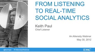 FROM LISTENING
                               TO REAL-TIME
                               SOCIAL ANALYTICS
                               Keith Paul
                               Chief Listener

                                                An Attensity Webinar
                                                       May 30, 2012



@kemipa   # AttensityWebinar
                                                                       1
 