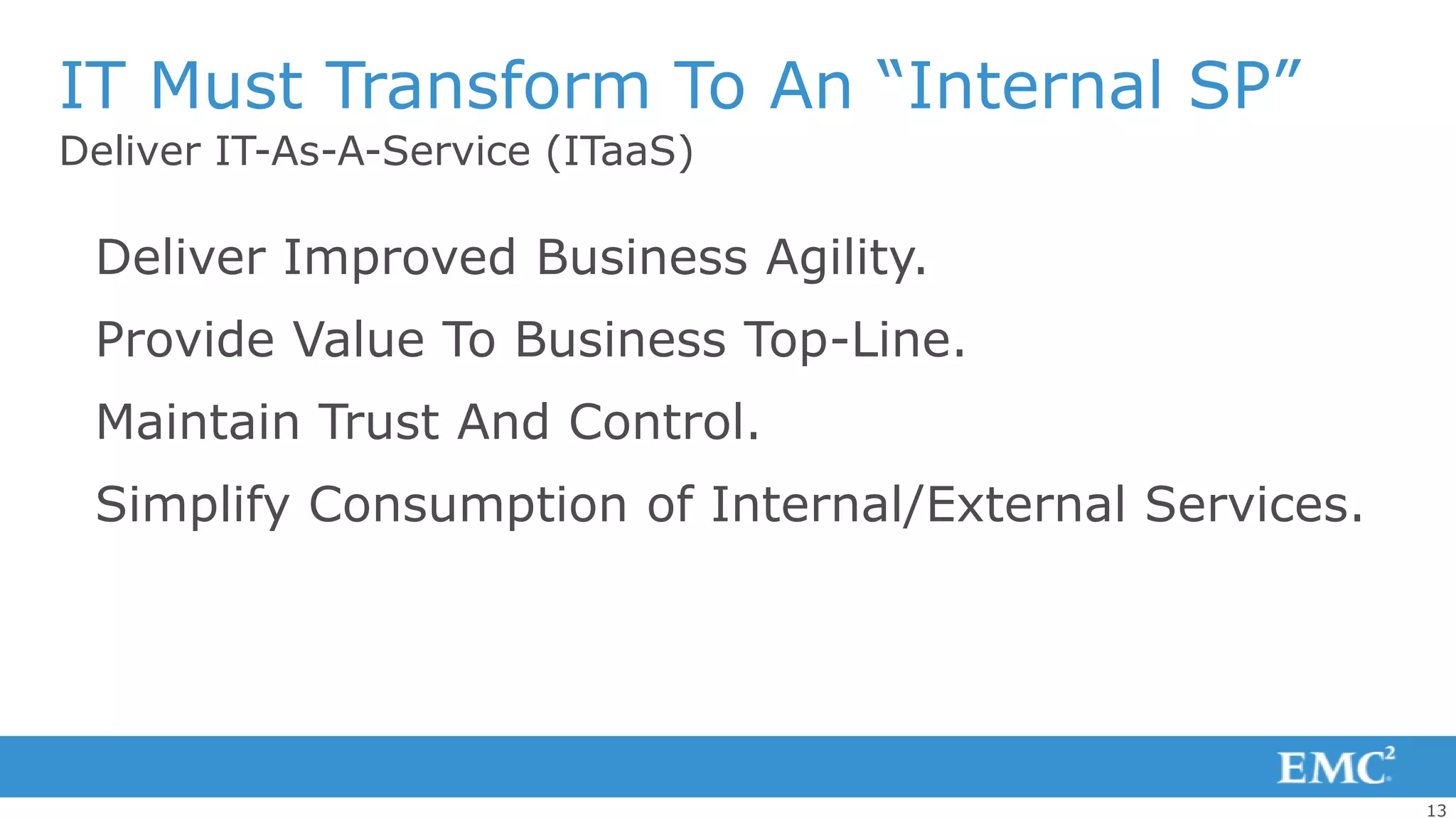 IT Must Transform To An “Internal SP”
Deliver IT-As-A-Service (ITaaS)

 Deliver Improved Business Agility.
 Provide Value To Business Top-Line.
 Maintain Trust And Control.
 Simplify Consumption of Internal/External Services.




                                                       13
 