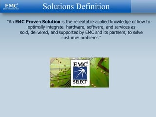 Solutions Definition
“An EMC Proven Solution is the repeatable applied knowledge of how to
          optimally integrate hardware, software, and services as
      sold, delivered, and supported by EMC and its partners, to solve
                            customer problems.”
 