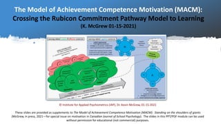 The Model of Achievement Competence Motivation (MACM):
Crossing the Rubicon Commitment Pathway Model to Learning
(K. McGrew 01-15-2021)
© Institute for Applied Psychometrics (IAP), Dr. Kevin McGrew, 01-15-2021
These slides are provided as supplements to The Model of Achievement Competence Motivation (MACM): Standing on the shoulders of giants
(McGrew, in press, 2021—for special issue on motivation in Canadian Journal of School Psychology). The slides in this PPT/PDF module can be used
without permission for educational (not commercial) purposes.
 