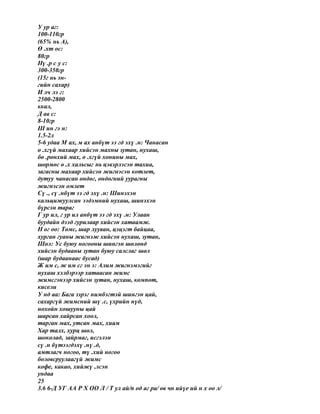 У ур аг:
100-110гр
(65% нь А),
Ө .хт ос:
80гр
Нү .р с у с:
300-350гр
(15г нь эн-
гийн сахар)
И лч лэ г:
2500-2800
ккал,
Д ав с:
8-10гр
Ш ин гэ н:
1.5-2л
5-6 удаа М ах, м ах анбүт ээ гд эхү .н: Чанасан
ө .хгүй махаар хийсэн махны зутан, нухаш,
бө .рөнхий мах, ө .хгүй хонины мах,
шөрмөс ө .х хальсыг нь цэвэрлэсэн тахиа,
загасны махаар хийсэн жигнэсэн котлет,
дутуу чанасан өндөг, өндөгний уурагны
жигнэсэн омлет
Сү ., сү .нбүт ээ гд эхү .н: Шинэхэн
кальцижуулсан ээдэмний нухаш, шинэхэн
бүрсэн тараг
Г ур ил, г ур ил анбүт ээ гд эхү .н: Улаан
буудайн дээд гурилаар хийсэн хатаамж.
Н ог оо: Төмс, шар лууван, цэцэгт байцаа,
хурган гуаны жигнэж хийсэн нухаш, зутан,
Шөл: Ус буюу ногооны шингэн шөлөнд
хийсэн будааны зутан буюу салслаг шөл
(шар будаанаас бусад)
Ж им с, ж им сг эн э: Алим жигнэмэгийг
нухаш хэлбэрээр хатаасан жимс
жимсгэнээр хийсэн зутан, нухаш, компот,
кисели
У нд аа: Бага зэрэг нимбэгтэй шингэн цай,
сахаргүй жимсний шү .с, үхрийн нүд,
нохойн хошууны цай
шарсан хайрсан хоол,
тарган мах, утсан мах, хиам
Хар талх, хурц шөл,
шоколад, зайрмаг, исгэлэн
сү .н бүтээгдэхү .нү .д,
амтлагч ногоо, тү .хий ногоо
боловсруулаагүй жимс
кофе, какао, хийжү .лсэн
ундаа
25
3.6 6-Д УГ АА Р Х ОО Л / Т ул ай/п од аг ра/ өв чн ийүе ий н х оо л/
 