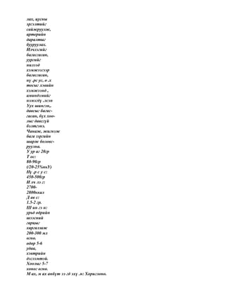 лах, цусны
эргэлтийг
сайжруулж,
артерийн
даралтыг
бууруулах.
Илчлэгийг
багасгасан,
уургийг
нилээд
хэмжээгээр
багасгасан,
нү .рс ус, ө .х
тосыг хэвийн
хэмжээнд ,
аминдэмийг
нэмэгдү .лсэн
Уух шингэн,.
давсыг багас-
гасан, бүх хоо-
лыг давсгүй
бэлтгэнэ.
Чанаж, жигнэж
бага зэргийн
шарж боловс-
руулна.
У ур аг 20гр
Т ос:
80-90гр
(/20-25%ньУ)
Нү .р с у с:
450-500гр
И лч лэ г:
2700-
2800ккал
Д ав с:
1.5-2 гр.
Ш ин гэ н:
урьд өдрийн
шээсний
гарцыг
харгалзаж
200-300 мл
өгнө.
өдөр 5-6
удаа,
хэвтрийн
дэглэмтэй.
Хоолыг 5-7
хоног өгнө.
М ах, м ах анбүт ээ гд эхү .н: Хориглоно.
 