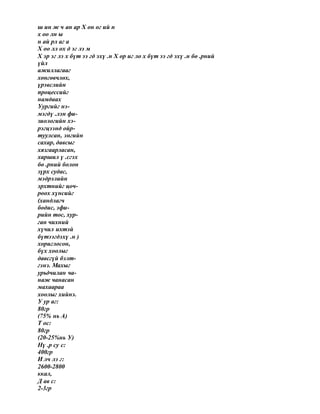 ш ин ж ч ан ар Х он ог ий н
х оо лн ы
н ай рл аг а
Х оо лл ох д эг лэ м
Х эр эг лэ х бүт ээ гд эхү .н Х ор иг ло х бүт ээ гд эхү .н бө .рний
үйл
ажиллагааг
хөнгөвчлөх,
үрэвслийн
процессийг
намдаах
Уургийг нэ-
мэгдү .лэн фи-
зиологийн хэ-
рэгцээнд ойр-
туулсан, энгийн
сахар, давсыг
хязгаарласан,
харшил ү .сгэх
бө .рний болон
зүрх судас,
мэдрэлийн
эрхтнийг цоч-
роох хүнсийг
(хандлагч
бодис, эфи-
рийн тос, хур-
ган чихний
хүчил ихтэй
бүтээгдэхү .н )
хориглосон,
бүх хоолыг
давсгүй бэлт-
гэнэ. Махыг
урьдчилан ча-
наж чанасан
махаараа
хоолыг хийнэ.
У ур аг:
80гр
(75% нь А)
Т ос:
80гр
(20-25%нь У)
Нү .р су с:
400гр
И лч лэ г:
2600-2800
ккал,
Д ав с:
2-3гр
 