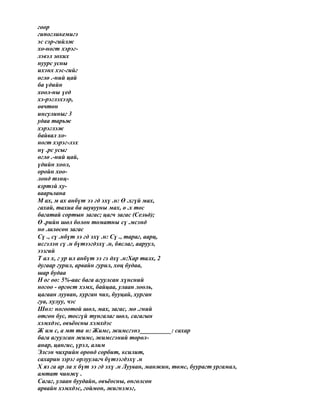 гоор
гипогликемигэ
эс сэр-гийлж
хо-ногт хэрэг-
лэвэл зохих
нуурс усны
ихэнх хэс-гийг
өглө .-ний цай
ба үдийн
хоол-ны үед
хэ-рэглэхээр,
өвчтөн
инсулиныг 3
удаа тарьж
хэрэглэж
байвал хо-
ногт хэрэг-лэх
нү .рс усыг
өглө .-ний цай,
үдийн хоол,
оройн хоо-
лонд тэнц-
вэртэй ху-
ваарьлана
М ах, м ах анбүт ээ гд эхү .н: Ө .хгүй мах,
гахай, тахиа ба шувууны мах, ө .х тос
багатай сортын загас; цагч загас (Сельд);
Ө .рийн шөл болон томатны сү .мсэнд
нө .шлөсөн загас
Сү ., сү .нбүт ээ гд эхү .н: Сү ., тараг, аарц,
исгэлэн сү .н бүтээгдэхү .н, бяслаг, ааруул,
ээзгий
Т ал х, г ур ил анбүт ээ гэ дхү .н:Хар талх, 2
дугаар гурил, арвайн гурил, хөц будаа,
шар будаа
Н ог оо: 5%-аас бага агуулсан хүнсний
ногоо - өргөст хэмх, байцаа, улаан лооль,
цагаан лууван, хурган чих, бууцай, хурган
гуа, хулуу, чэс
Шөл: ногоотой шөл, мах, загас, мө .гний
өтгөн бус, тосгүй тунгалаг шөл, сагагын
хэмхдэс, овъёосны хэмхдэс
Ж им с, а мт та н: Жимс, жимсгэнэ__________: сахар
бага агуулсан жимс, жимсгэний төрөл-
анар, цангис, үрэл, алим
Элсэн чихрийн оронд сорбит, ксилит,
сахарин зэрэг орлуулагч бүтээгдэхү .н
Х яз га ар ла х бүт ээ гд эхү .н Лууван, манжин, төмс, буурагт ургамал,
амтат чинжү .
Сагаг, улаан буудайн, овъёосны, өнгөлсөн
арвайн хэмхдэс, гоймон, жигнэмэг,
 