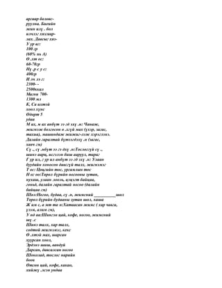 аргаар боловс-
руулна. Биеийн
жин илү . бол
илчлэг хязгаар-
лах. Давсыг хяз-
У ур аг:
100 гр
(60% нь А)
Ө .хт ос:
60-70гр
Нү .р с у с:
400гр
И лч лэ г:
2300- -
2500ккал
Магни 700-
1300 мл
К, Ca ихтэй
хоол хүнс
Өдөрт 5
удаа
М ах, м ах анбүт ээ гд эхү .н: Чанаж,
жигнэж болгосон ө .хгүй мах (үхэр, загас,
тахиа), машиндаж жижиг-лэж хэрэглэнэ.
Далайн гаралтай бүтээгдэхү .н (загас,
хавч гм)
Сү ., сү .нбүт ээ гэ дхү .н:Тослоггүй сү .,
шинэ аарц, исгэлэн биш ааруул, тараг
Г ур ил, г ур ил анбүт ээ гд эхү .н: Улаан
буудайн хоносон давсгүй талх, жигнэмэг
Т ос: Цөцгийн тос, ургамлын тос
Н ог оо:Төрөл бүрийн ногооны зутан,
нухаш, улаан лооль, цэцэгт байцаа,
гоньд, далайн гаралтай ногоо (далайн
байцаа гм)
Шөл:Ногоо, будаа, сү .н, жимсний __________шөл
Төрөл бүрийн будааны зутан шөл, каша
Ж им с, а мт та н:Хатаасан жимс ( хар чавга,
үзэм, алим гм),
У нд аа:Шингэн цай, кофе, ногоо, жимсний
шү .с
Шинэ талх, хар талх,
содтой жигнэмэг, кекс
Ө .хтэй мах, шарсан
хуурсан хоол,
Эрдэнэ шиш, вандуй
Дарсан, давсалсан ногоо
Шоколад, тослог нарийн
боов
Өтгөн цай, кофе, какао,
хийжү .лсэн ундаа
 