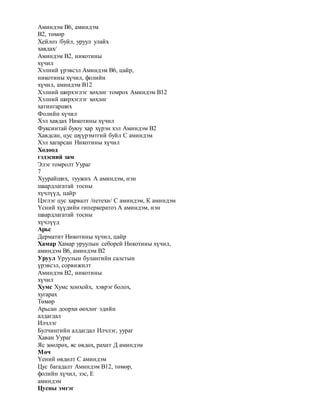 Аминдэм В6, аминдэм
В2, төмөр
Хейлоз /буйл, уруул улайх
хавдах/
Аминдэм В2, никотины
хүчил
Хэлний үрэвсэл Аминдэм В6, цайр,
никотины хүчил, фолийн
хүчил, аминдэм В12
Хэлний ширхэглэг хөхлөг томрох Аминдэм В12
Хэлний ширхэглэг хөхлөг
хатингарших
Фолийн хүчил
Хэл хавдах Никотины хүчил
Фуксинтай буюу хар хүрэн хэл Аминдэм В2
Хавдсан, цус шүүрэмтгий буйл С аминдэм
Хэл хагарсан Никотины хүчил
Ходоод
гэдэсний зам
Элэг томролт Уураг
7
Хуурайших, гуужих А аминдэм, нэн
шаардлагатай тосны
хүчлүүд, цайр
Цэглэг цус харвалт /петехи/ С аминдэм, К аминдэм
Үсний хүүдийн гиперкератоз А аминдэм, нэн
шаардлагатай тосны
хүчлүүд
Арьс
Дерматит Никотины хүчил, цайр
Хамар Хамар уруулын себорей Никотины хүчил,
аминдэм В6, аминдэм В2
Уруул Уруулын булангийн салстын
үрэвсэл, сорвижилт
Аминдэм В2, никотины
хүчил
Хумс Хумс хонхойх, хэврэг болох,
хугарах
Төмөр
Арьсан доорхи өөхлөг эдийн
алдагдал
Илчлэг
Булчингийн алдагдал Илчлэг, уураг
Хаван Уураг
Яс зөөлрөх, яс өвдөх, рахит Д аминдэм
Мөч
Үений өвдөлт С аминдэм
Цус багадалт Аминдэм В12, төмөр,
фолийн хүчил, зэс, Е
аминдэм
Цусны эмгэг
 