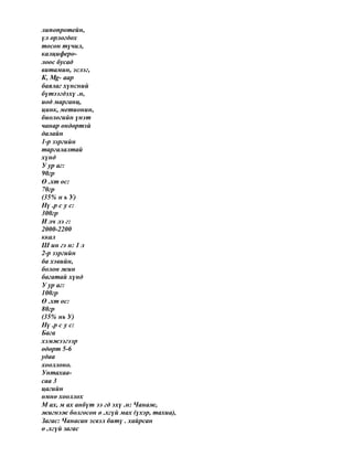 липопротейн,
үл орлогдох
тосон түчил,
калциферо-
лоос бусад
витамин, эслэг,
К, Mg- аар
баялаг хүнсний
бүтээгдэхү .н,
иод марганц,
цинк, метионин,
биологийн үнэт
чанар өндөртэй
далайн
1-р зэргийн
таргалалтай
хүнд
У ур аг:
90гр
Ө .хт ос:
70гр
(35% н ь У)
Нү .р с у с:
300гр
И лч лэ г:
2000-2200
ккал
Ш ин гэ н: 1 л
2-р зэргийн
ба хэвийн,
болон жин
багатай хүнд
У ур аг:
100гр
Ө .хт ос:
80гр
(35% нь У)
Нү .р с у с:
Бага
хэмжээгээр
өдөрт 5-6
удаа
хооллоно.
Унтахаа-
саа 3
цагийн
өмнө хооллох
М ах, м ах анбүт ээ гд эхү .н: Чанаж,
жигнэж болгосон ө .хгүй мах (үхэр, тахиа),
Загас: Чанасан эсвэл битү . хайрсан
ө .хгүй загас
 