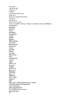 Х оо лн ы
з ор иу ла лт,
э мч ил гэ э-
н ийа ч,
х ол бо гд ол Х оо лн ы
е рөн хи й
ш ин ж ч ан ар Х он ог ий н
х оо лн ы
н ай рл аг а
Х оо лл ох д эг лэ м
Х эр эг лэ х бүт ээ гд эхү .н Х ор иг ло х бүт ээ гд эхү .н Бодисын
солилцооны
хямралыг
арилгаж
Хүчил
шүлтийн
тэнцвэрийг
хэвийн
байдал
оруулах
Шимт бодис,
илчлэгийг
физиологийн
хэрэгцээд,
Са-ын
давсаар
баялаг
хүнсний
бүтээгдэхү .-
нийг
хязгаарласан
У ур аг:
100гр
(60% нь А)
Ө .хт ос:
75-80гр
(30% нь У)
Нү .р с у с:
380-400гр
И лч лэ г:
2800ккал
Д ав с: 10гр
дөрт 4-5
удаа
Мах, загас , гурилан бүтээгдэхү .н ямар ч
хэлбэрээр бэлтгэн боловсруулан
хэрэглэж болно.
Төрөл бүрийн будаа
Сү .н бүтээгдэхү .н, ногоо,
жимсний шөл,
43
 