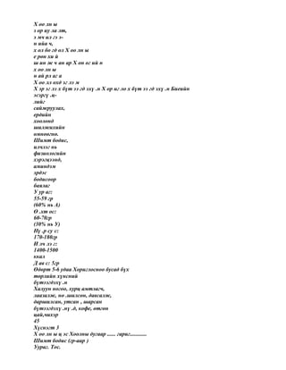 Х оо лн ы
з ор иу ла лт,
э мч ил гэ э-
н ийа ч,
х ол бо гд ол Х оо лн ы
е рөн хи й
ш ин ж ч ан ар Х он ог ий н
х оо лн ы
н ай рл аг а
Х оо лл охд эг лэ м
Х эр эг лэ х бүт ээ гд эхү .н Х ор иг ло х бүт ээ гд эхү .н Биеийн
эсэргү .ц-
лийг
сайжруулах,
ердийн
хоолонд
шилжихийн
өмнөөгнө.
Шимт бодис,
илчлэг нь
физиологийн
хэрэгцээнд,
аминдэм
эрдэс
бодисоор
баялаг
У ур аг:
55-59 гр
(60% нь А)
Ө .хт ос:
60-70гр
(30% нь У)
Нү .р су с:
170-180гр
И лч лэ г:
1400-1500
ккал
Д ав с: 5гр
Өдөрт 5-6 удаа Хориглосноо бусад бүх
төрлийн хүнсний
бүтээгдэхү .н
Халуун ногоо, хурц амтлагч,
лаазалж, нө .шилсөн, давсалж,
даршилсан, утсан , шарсан
бүтээгдэхү .нү .д, кофе, өтгөн
цай,чихэр
45
Хүснэгт 3
Х оо лн ы ц эс Хоолны дугаар ...... гариг............
Шимт бодис (гр-аар )
Уураг. Тос.
 