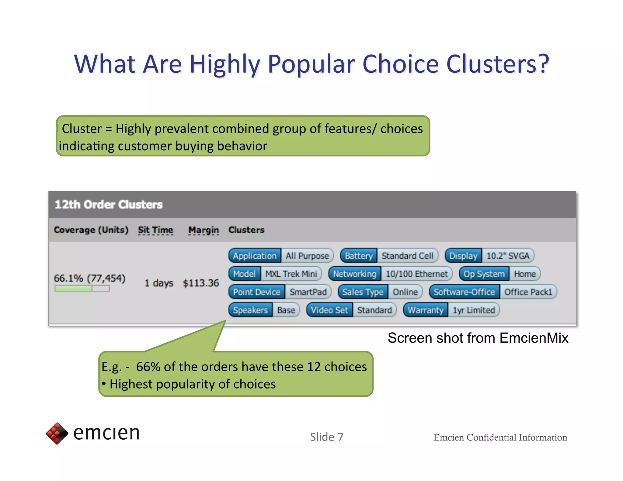  Cluster = Highly prevalent combined group of features/ choices 
indicaIng customer buying behavior 




                                                          Screen shot from EmcienMix

       E.g. ‐  66% of the orders have these 12 choices 
       •  Highest popularity of choices 


                                            Slide 7                Emcien Confidential Information
 