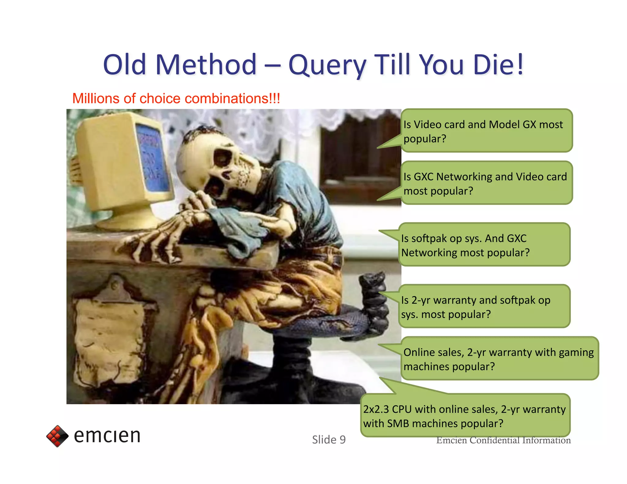 Millions of choice combinations!!!
                                                        Is Video card and Model GX most 
                                                        popular? 


                                                        Is GXC Networking and Video card 
                                                        most popular? 



                                                       Is soipak op sys. And GXC 
                                                       Networking most popular? 



                                                       Is 2‐yr warranty and soipak op 
                                                       sys. most popular? 


                                                        Online sales, 2‐yr warranty with gaming 
                                                        machines popular? 


                                                2x2.3 CPU with online sales, 2‐yr warranty 
                                                with SMB machines popular? 
                                     Slide 9                   Emcien Confidential Information
 