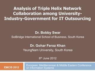 Analysis of Triple Helix Network
    Collaboration among University-
Industry-Government for IT Outsourcing


                     Dr. Bobby Swar
    SolBridge International School of Business, South Korea


                  Dr. Gohar Feroz Khan
             YeungNam University, South Korea

                        8th June 2012

               European, Mediterranean & Middle Eastern Conference
EMCIS 2012     on Information Systems
 