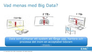 Vad menas med Big Data?




          Data som utmanar ett system att fånga upp, hantera och
                 processa det inom en acceptabel tidsram
                                                         ~ Wikipedia ~



© Copyright 2012 EMC Corporation. All rights reserved.                   3
 