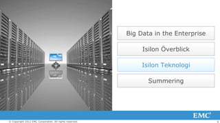 Big Data in the Enterprise

                                                              Isilon Överblick

                                                              Isilon Teknologi

                                                                Summering




© Copyright 2012 EMC Corporation. All rights reserved.                                9
 