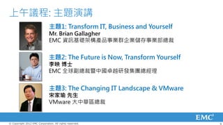 上午議程: 主題演講
                              主題1: Transform IT, Business and Yourself
                              Mr. Brian Gallagher
                              EMC 資訊基礎架構產品事業群企業儲存事業部總裁


                              主題2: The Future is Now, Transform Yourself
                              李映 博士
                              EMC 全球副總裁暨中國卓越研發集團總經理


                              主題3: The Changing IT Landscape & VMware
                              宋家瑜 先生
                              VMware 大中華區總裁


© Copyright 2012 EMC Corporation. All rights reserved.                     8
 