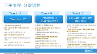 下午議程: 分堂議程
         Track A                                             Track B                 Track C
                                                              Transform IT        Big Data Transform
           Transform IT
                                                             (Applications)            Business
實現 IT 即服務的願景                                            虛擬化 IT 關鍵應用系統         整合分析結構與非結構性資料暨應用案
轉化 IT 高階儲存與管理之最佳解                                                              例 - Greenplum
                                                         如何建置如您所需的新世代資訊中
決方案                                                      心虛擬化解決方案               巨量分析BigData，發掘企業新契機，
                                                                                讓不可能變可能
雙中心雙活的跨雲解決方案                                            最具彈性的企業雲端建置組合 –
                                                         VSPEX/Citrix           巨量資料分析最佳整合平台與應用 -
思科桌面雲(VDI)解決方案                                                                 Supermicro + Greenplum + SAS
                                                         最具彈性的企業雲端建置組合 -
轉化 IT 中階儲存與管理之最佳解決                                      VSPEX/Microsoft        超級巨量資料儲存 - EMC Isilon 的橫向
方案                                                                              擴充儲存
                                                         虛擬環境專用備份解決方案
FLASH 1st - 未來十年 IT 儲存策略                                                       雲端資訊安全與管理策略
                                                         強化關鍵應用系統災難復原能力
引領 IT 備份與復原的轉型                                                                 適應企業成長的SAP雲端隨選業務平台
                                                         創造高效能與高可用性的Oracle 應
                                                                                Documentum xCP與大資料的應用
                                                         用平台


© Copyright 2012 EMC Corporation. All rights reserved.                                                     9
 