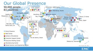 Our Global Presence
   50,000 people                                       Cork, Ireland
                                                                                Rotterdam, Netherlands

   83 countries                                                                          St. Petersburg, Russia

                           Burlington, Ontario
      Seattle, WA                                          Brentford, UK           Vienna, Austria
Pleasanton, CA           Roy, UT                         Pau, France                                                                           Seoul, S. Korea
                                      Durham, NC                                                                  Beijing, China
                                      Apex, NC                                               Be'er Sheva,       Chengdu, China
                    Irvine, CA                                                Tel Aviv,
                              Duluth, GA                                                     Israel                                       Tokyo, Japan
                                              Hopkinton, MA                       Israel
                                                 Global Headquarters                    Cairo, Egypt                        Shanghai, China
       Palo Alto, CA
      Santa Clara, CA                              Bedford, MA

                                                   Franklin, MA                                      Bangalore, India

      Direct Presence
                                                  Cambridge, MA
      R&D Center
                                                                                                                Singapore
      Centers of Excellence
                                                     Rio de Janeiro, Brazil                                                               Sydney, Australia
      Customer Support Center

      Executive Briefing Center
                                                                                                                        Melbourne, Australia
      Manufacturing Center
      Global Solution and Engineering Center                                                                                               as of June 30, 2011
 
