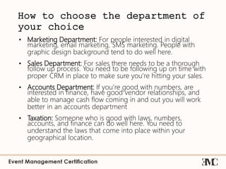 How to choose the department of
your choice
• Marketing Department: For people interested in digital
marketing, email marketing, SMS marketing. People with
graphic design background tend to do well here.
• Sales Department: For sales there needs to be a thorough
follow up process. You need to be following up on time with
proper CRM in place to make sure you’re hitting your sales.
• Accounts Department: If you’re good with numbers, are
interested in finance, have good vendor relationships, and
able to manage cash flow coming in and out you will work
better in an accounts department
• Taxation: Someone who is good with laws, numbers,
accounts, and finance can do well here. You need to
understand the laws that come into place within your
geographical location.
 