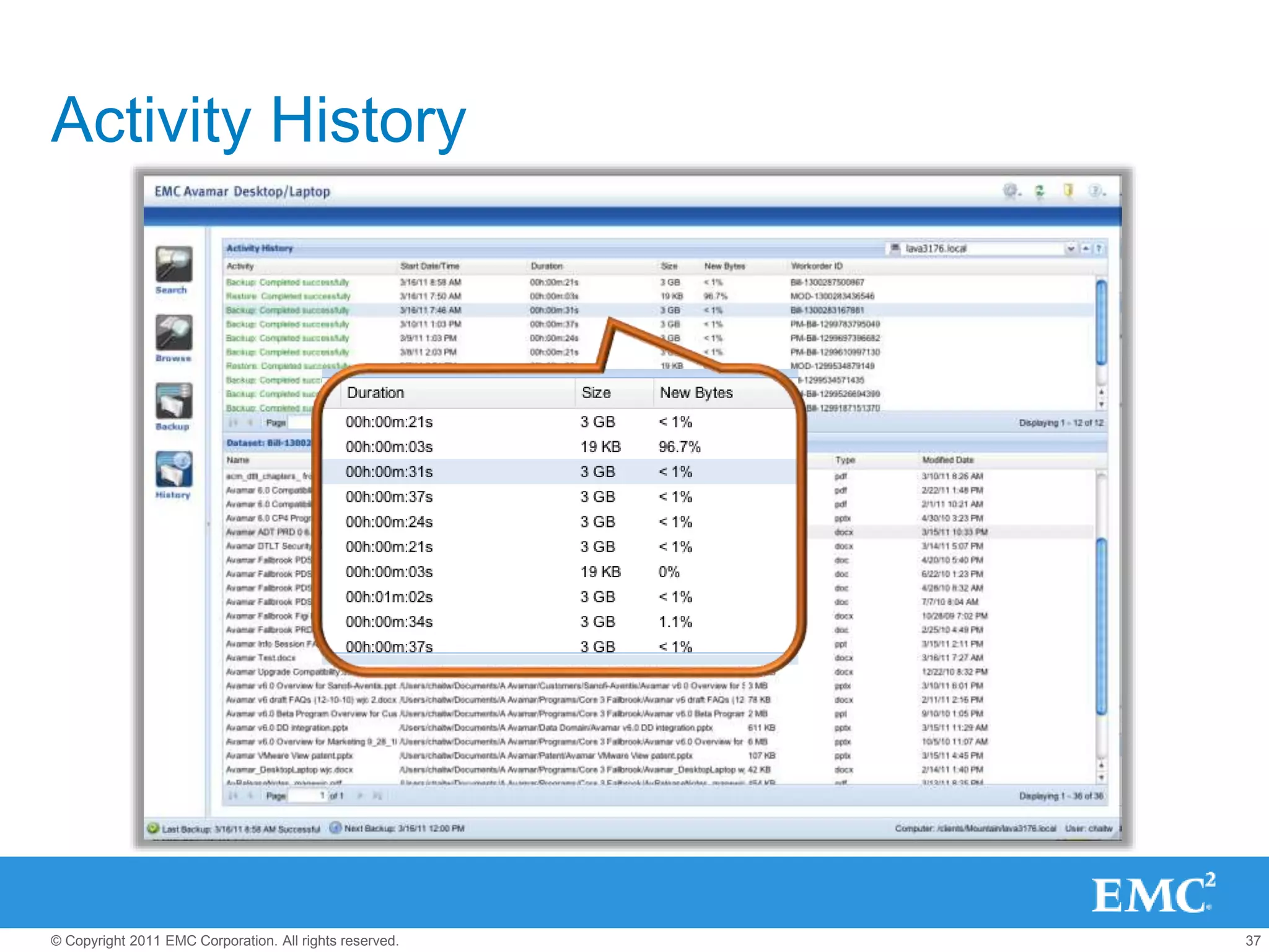 37© Copyright 2011 EMC Corporation. All rights reserved.
Activity History
 