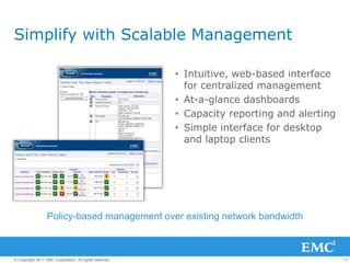 17© Copyright 2011 EMC Corporation. All rights reserved.
Simplify with Scalable Management
• Intuitive, web-based interface
for centralized management
• At-a-glance dashboards
• Capacity reporting and alerting
• Simple interface for desktop
and laptop clients
Policy-based management over existing network bandwidth
 