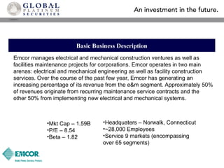 Basic Business Description Emcor manages electrical and mechanical construction ventures as well as facilities maintenance projects for corporations. Emcor operates in two main arenas: electrical and mechanical engineering as well as facility construction services. Over the course of the past few year, Emcor has generating an increasing percentage of its revenue from the e&m segment. Approximately 50% of revenues originate from recurring maintenance service contracts and the other 50% from implementing new electrical and mechanical systems.  Mkt Cap – 1.59B P/E – 8.54 Beta – 1.82 Headquaters – Norwalk, Connecticut ~28,000 Employees Service 9 markets (encompassing over 65 segments) 