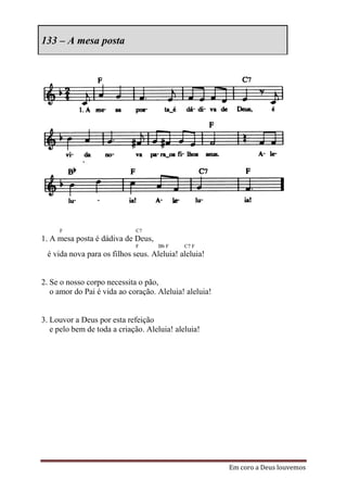 133 – A mesa posta




     F                       C7
1. A mesa posta é dádiva de Deus,
                             F      Bb F     C7 F
 é vida nova para os filhos seus. Aleluia! aleluia!


2. Se o nosso corpo necessita o pão,
   o amor do Pai é vida ao coração. Aleluia! aleluia!


3. Louvor a Deus por esta refeição
   e pelo bem de toda a criação. Aleluia! aleluia!




                                                        Em coro a Deus louvemos
 