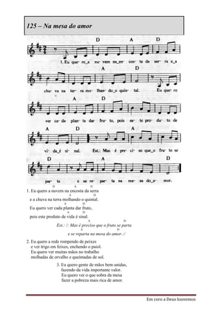 125 – Na mesa do amor




              D               A               D
1. Eu quero a nuvem na encosta da serra
                          A                       D
 e a chuva na terra molhando o quintal.
                      A           D
 Eu quero ver cada planta dar fruto,
                          A           D
 pois este produto de vida é sinal.
                                          A               D
                  Est.: /: Mas é preciso que o fruto se parta
                                  A                   D
                          e se reparta na mesa do amor.:/
2. Eu quero a rede rompendo de peixes
   e ver trigo em feixes, enchendo o paiol.
   Eu quero ver muitas mãos no trabalho
   molhadas de orvalho e queimadas de sol.
                  3. Eu quero gente de mãos bem unidas,
                     fazendo da vida importante valor.
                     Eu quero ver o que sobra da mesa
                     fazer a pobreza mais rica de amor.



                                                                Em coro a Deus louvemos
 