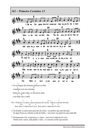 162 – Primeiro Coríntios 13




       E                                  A
1. Se as línguas dos homens pudesse eu falar
       E                         B7
 e também a do céu entender.
           E                     A
 Nada sou, nada valho, se não posso amar
       E       B7       E
 e de nada vale o saber.

                    A        E                 B7. E        A
Est.: O maior é o amor, nunca deixará de existir Não se ressente do mal.
               F#m      B7            E                B7   E
    Sem amor é impossível viver. Sem amor é impossível viver.

2. Se brindar os meus bens para dar de comer / aos pobres que não têm pão.
   Se água fresca ao sedento eu der de beber, / sem amor sou igual aos que nada dão.

3. Permanecem a fé, a esperança e o amor, / sem isso é impossível viver.
   Porém sem o amor, tudo perde o valor, / é o mesmo existir que morrer.


                                                                  Em coro a Deus louvemos
 