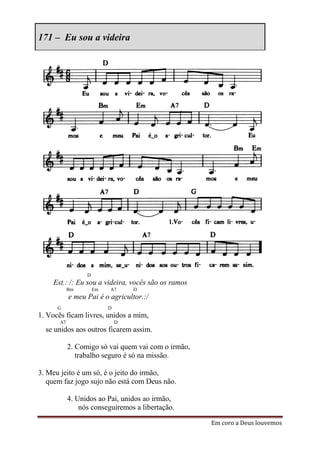 171 – Eu sou a videira




                  D
    Est.: /: Eu sou a videira, vocês são os ramos
            Bm        Em   A7      D
            e meu Pai é o agricultor.:/
      G                    D
1. Vocês ficam livres, unidos a mim,
       A7                      D
  se unidos aos outros ficarem assim.

            2. Comigo só vai quem vai com o irmão,
               trabalho seguro é só na missão.

3. Meu jeito é um só, é o jeito do irmão,
   quem faz jogo sujo não está com Deus não.

            4. Unidos ao Pai, unidos ao irmão,
                nós conseguiremos a libertação.

                                                     Em coro a Deus louvemos
 