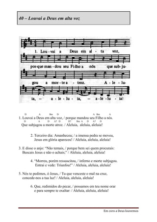 40 – Louvai a Deus em alta voz




    D        A         Bm    D                     A Bm        A
1. Louvai a Deus em alta voz, / porque mandou seu Filho a nós.
   D         A     D        A7 D   D7   Bm A   D   A7   D
 Que subjugou a morte atroz. / Aleluia, aleluia, aleluia!

        2. Terceiro dia: Amanheceu; / a imensa pedra se moveu,
           Jesus em glória apareceu! / Aleluia, aleluia, aleluia!

3. E disse o anjo: “Não temais, / porque bem sei quem procurais:
   Buscais Jesus e não o achais;” / Aleluia, aleluia, aleluia!

        4. “Morreu, porém ressuscitou, / inferno e morte subjugou.
            Entrai e vede: Triunfou!” / Aleluia, aleluia, aleluia!

5. Nós te pedimos, ó Jesus, / Tu que venceste o mal na cruz,
   concede-nos a tua luz! / Aleluia, aleluia, aleluia!

        6. Que, redimidos do pecar, / possamos em teu nome orar
           e para sempre te exaltar: / Aleluia, aleluia, aleluia!




                                                            Em coro a Deus louvemos
 