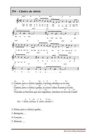 294 – Cântico da vitória




  Am          G       F          Am    C       D       E7         Am
1. Cantem, pois a vitória é ganha, o inimigo afundou-se no mar.
   Am         G       F          Am        C       D        E7         Am
  Cantem, pois a vitória é ganha, as coisas velhas ficaram p’ra trás.
   Am                  E           F       Am                    G      F   Am
  Vencidas as barreiras que nos impediam, entremos na terra de Canaã!


                  G   F    Am   C D         E7 Am
        Est.: /:Alelu, aleluia, ô, alelu, aleluia!:/


2. Pulem, pois a vitória é ganha...
3. Brinquem, ....
4. Louvem, ...
5. Dancem, ....



                                                                 Em coro a Deus louvemos
 