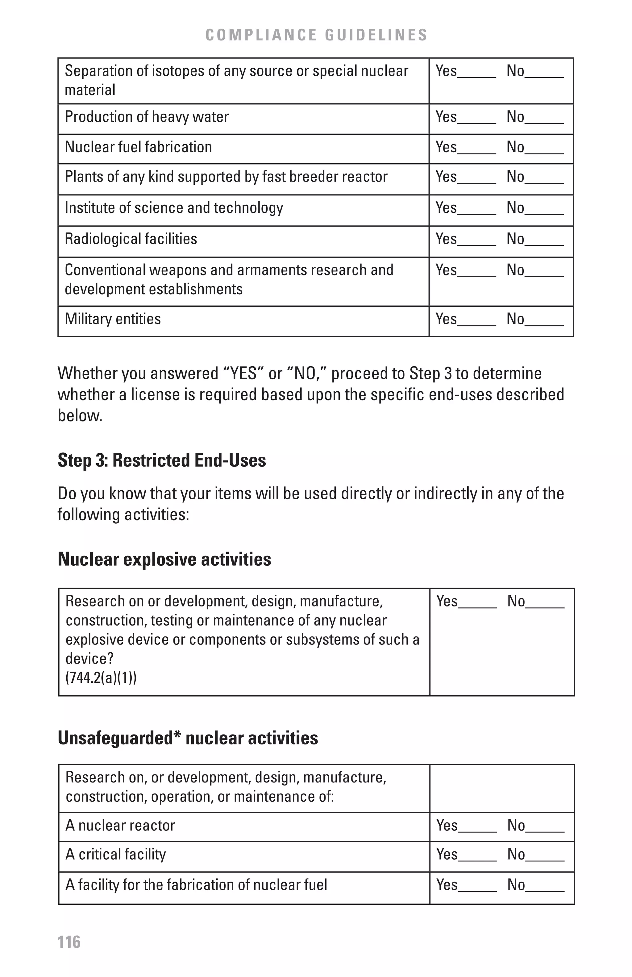 COMPLIANCE GUIDELINES

 Separation of isotopes of any source or special nuclear   Yes_____ No_____
 material
 Production of heavy water                                 Yes_____ No_____
 Nuclear fuel fabrication                                  Yes_____ No_____
 Plants of any kind supported by fast breeder reactor      Yes_____ No_____
 Institute of science and technology                       Yes_____ No_____
 Radiological facilities                                   Yes_____ No_____
 Conventional weapons and armaments research and           Yes_____ No_____
 development establishments
 Military entities                                         Yes_____ No_____


Whether you answered “YES” or “NO,” proceed to Step 3 to determine
whether a license is required based upon the specific end-uses described
below.

Step 3: Restricted End-Uses
Do you know that your items will be used directly or indirectly in any of the
following activities:

Nuclear explosive activities

 Research on or development, design, manufacture,          Yes_____ No_____
 construction, testing or maintenance of any nuclear
 explosive device or components or subsystems of such a
 device?
 (744.2(a)(1))


Unsafeguarded* nuclear activities
 Research on, or development, design, manufacture,
 construction, operation, or maintenance of:
 A nuclear reactor                                         Yes_____ No_____
 A critical facility                                       Yes_____ No_____
 A facility for the fabrication of nuclear fuel            Yes_____ No_____


116
 