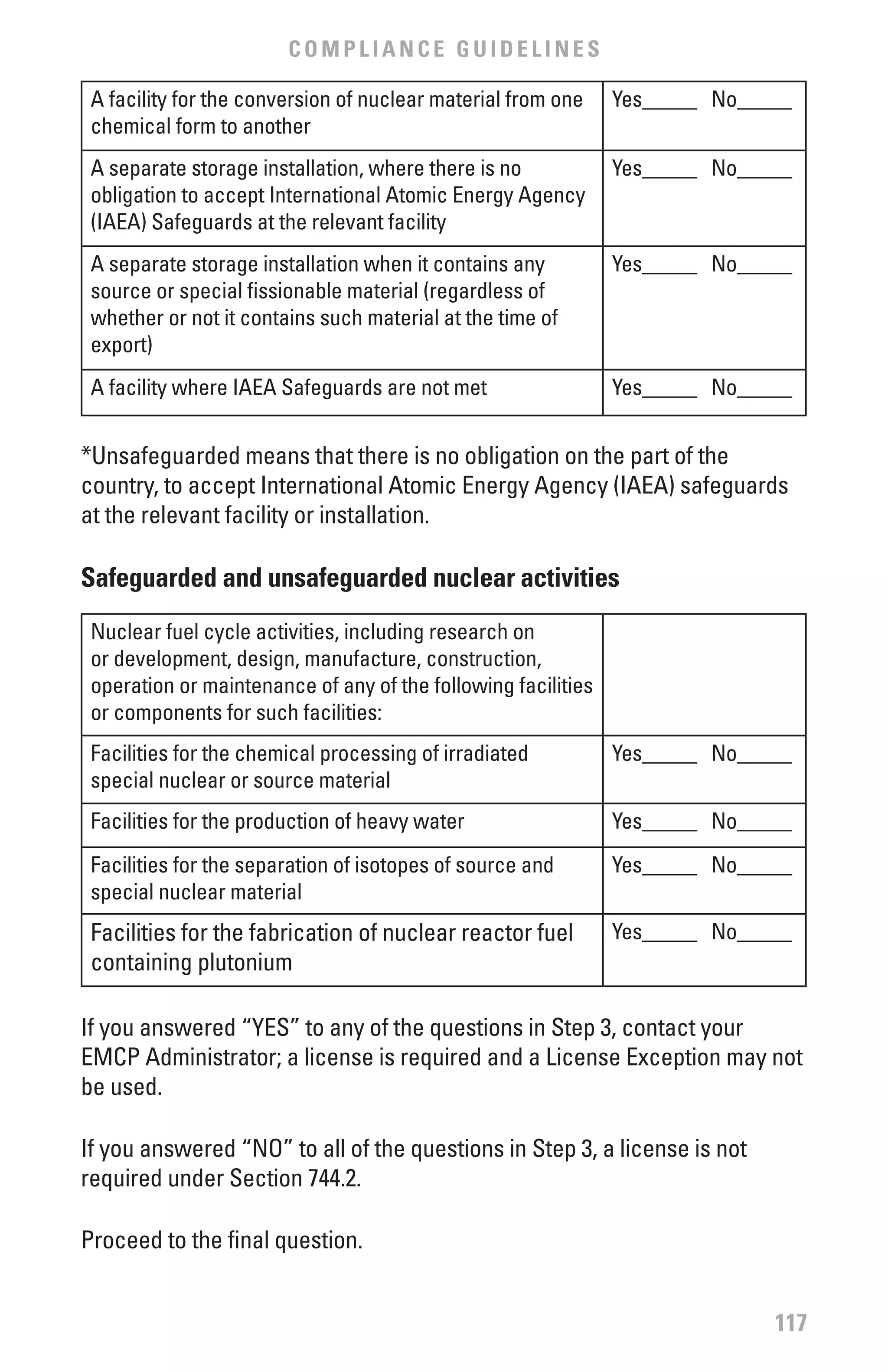 COMPLIANCE GUIDELINES

 A facility for the conversion of nuclear material from one    Yes_____ No_____
 chemical form to another
 A separate storage installation, where there is no            Yes_____ No_____
 obligation to accept International Atomic Energy Agency
 (IAEA) Safeguards at the relevant facility
 A separate storage installation when it contains any          Yes_____ No_____
 source or special fissionable material (regardless of
 whether or not it contains such material at the time of
 export)
 A facility where IAEA Safeguards are not met                  Yes_____ No_____


*Unsafeguarded means that there is no obligation on the part of the
country, to accept International Atomic Energy Agency (IAEA) safeguards
at the relevant facility or installation.

Safeguarded and unsafeguarded nuclear activities
 Nuclear fuel cycle activities, including research on
 or development, design, manufacture, construction,
 operation or maintenance of any of the following facilities
 or components for such facilities:
 Facilities for the chemical processing of irradiated          Yes_____ No_____
 special nuclear or source material
 Facilities for the production of heavy water                  Yes_____ No_____
 Facilities for the separation of isotopes of source and       Yes_____ No_____
 special nuclear material
 Facilities for the fabrication of nuclear reactor fuel        Yes_____ No_____
 containing plutonium

If you answered “YES” to any of the questions in Step 3, contact your
EMCP Administrator; a license is required and a License Exception may not
be used.

If you answered “NO” to all of the questions in Step 3, a license is not
required under Section 744.2.

Proceed to the final question.


                                                                             117
 