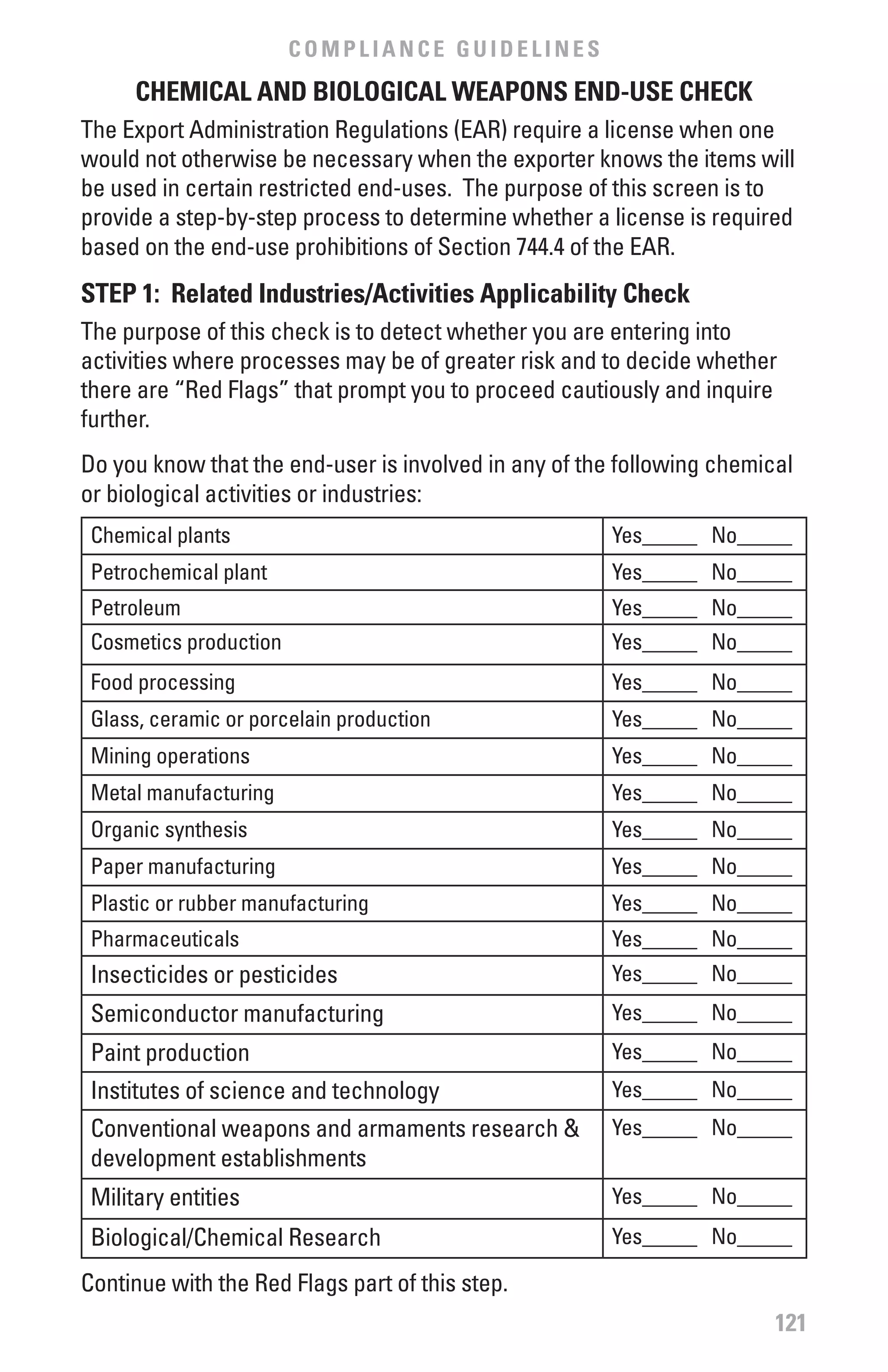 COMPLIANCE GUIDELINES
      CHEMICAL AND bIOLOGICAL wEAPONS END-USE CHECK
The Export Administration Regulations (EAR) require a license when one
would not otherwise be necessary when the exporter knows the items will
be used in certain restricted end-uses. The purpose of this screen is to
provide a step-by-step process to determine whether a license is required
based on the end-use prohibitions of Section 744.4 of the EAR.
STEP 1: Related Industries/Activities Applicability Check
The purpose of this check is to detect whether you are entering into
activities where processes may be of greater risk and to decide whether
there are “Red Flags” that prompt you to proceed cautiously and inquire
further.
Do you know that the end-user is involved in any of the following chemical
or biological activities or industries:
 Chemical plants                                       Yes_____ No_____
 Petrochemical plant                                   Yes_____ No_____
 Petroleum                                             Yes_____ No_____
 Cosmetics production                                  Yes_____ No_____
 Food processing                                       Yes_____ No_____
 Glass, ceramic or porcelain production                Yes_____ No_____
 Mining operations                                     Yes_____ No_____
 Metal manufacturing                                   Yes_____ No_____
 Organic synthesis                                     Yes_____ No_____
 Paper manufacturing                                   Yes_____ No_____
 Plastic or rubber manufacturing                       Yes_____ No_____
 Pharmaceuticals                                       Yes_____ No_____
 Insecticides or pesticides                            Yes_____ No_____
 Semiconductor manufacturing                           Yes_____ No_____
 Paint production                                      Yes_____ No_____
 Institutes of science and technology                  Yes_____ No_____
 Conventional weapons and armaments research &         Yes_____ No_____
 development establishments
 Military entities                                     Yes_____ No_____
 Biological/Chemical Research                          Yes_____ No_____

Continue with the Red Flags part of this step.
                                                                        121
 