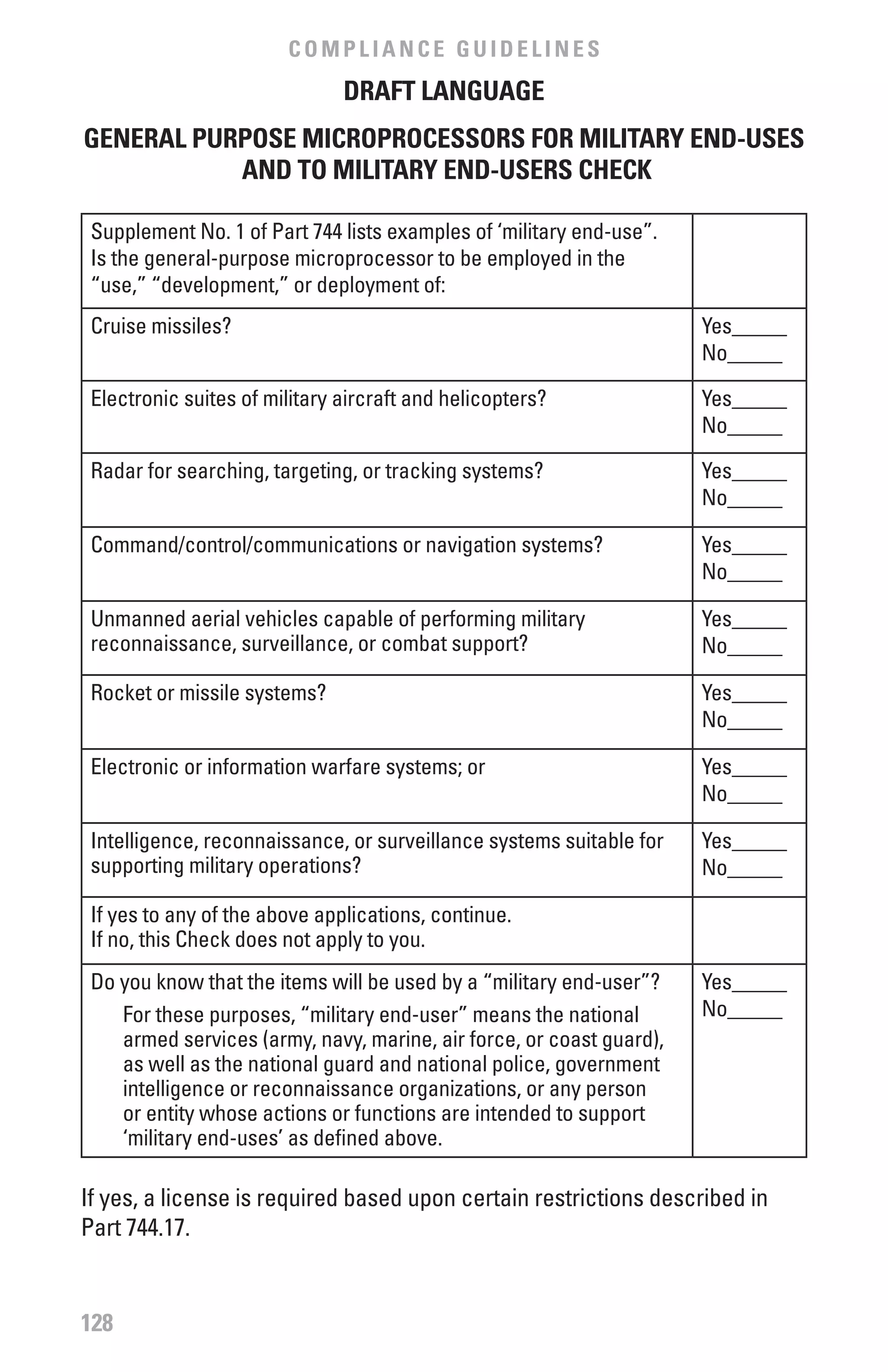 COMPLIANCE GUIDELINES
                               DRAfT LANGUAGE
GENERAL PURPOSE MICROPROCESSORS fOR MILITARY END-USES
           AND TO MILITARY END-USERS CHECK

 Supplement No. 1 of Part 744 lists examples of ‘military end-use”.
 Is the general-purpose microprocessor to be employed in the
 “use,” “development,” or deployment of:
 Cruise missiles?                                                     Yes_____
                                                                      No_____

 Electronic suites of military aircraft and helicopters?              Yes_____
                                                                      No_____

 Radar for searching, targeting, or tracking systems?                 Yes_____
                                                                      No_____

 Command/control/communications or navigation systems?                Yes_____
                                                                      No_____

 Unmanned aerial vehicles capable of performing military              Yes_____
 reconnaissance, surveillance, or combat support?                     No_____

 Rocket or missile systems?                                           Yes_____
                                                                      No_____

 Electronic or information warfare systems; or                        Yes_____
                                                                      No_____

 Intelligence, reconnaissance, or surveillance systems suitable for   Yes_____
 supporting military operations?                                      No_____

 If yes to any of the above applications, continue.
 If no, this Check does not apply to you.
 Do you know that the items will be used by a “military end-user”?    Yes_____
    For these purposes, “military end-user” means the national        No_____
    armed services (army, navy, marine, air force, or coast guard),
    as well as the national guard and national police, government
    intelligence or reconnaissance organizations, or any person
    or entity whose actions or functions are intended to support
    ‘military end-uses’ as defined above.

If yes, a license is required based upon certain restrictions described in
Part 744.17.


128
 