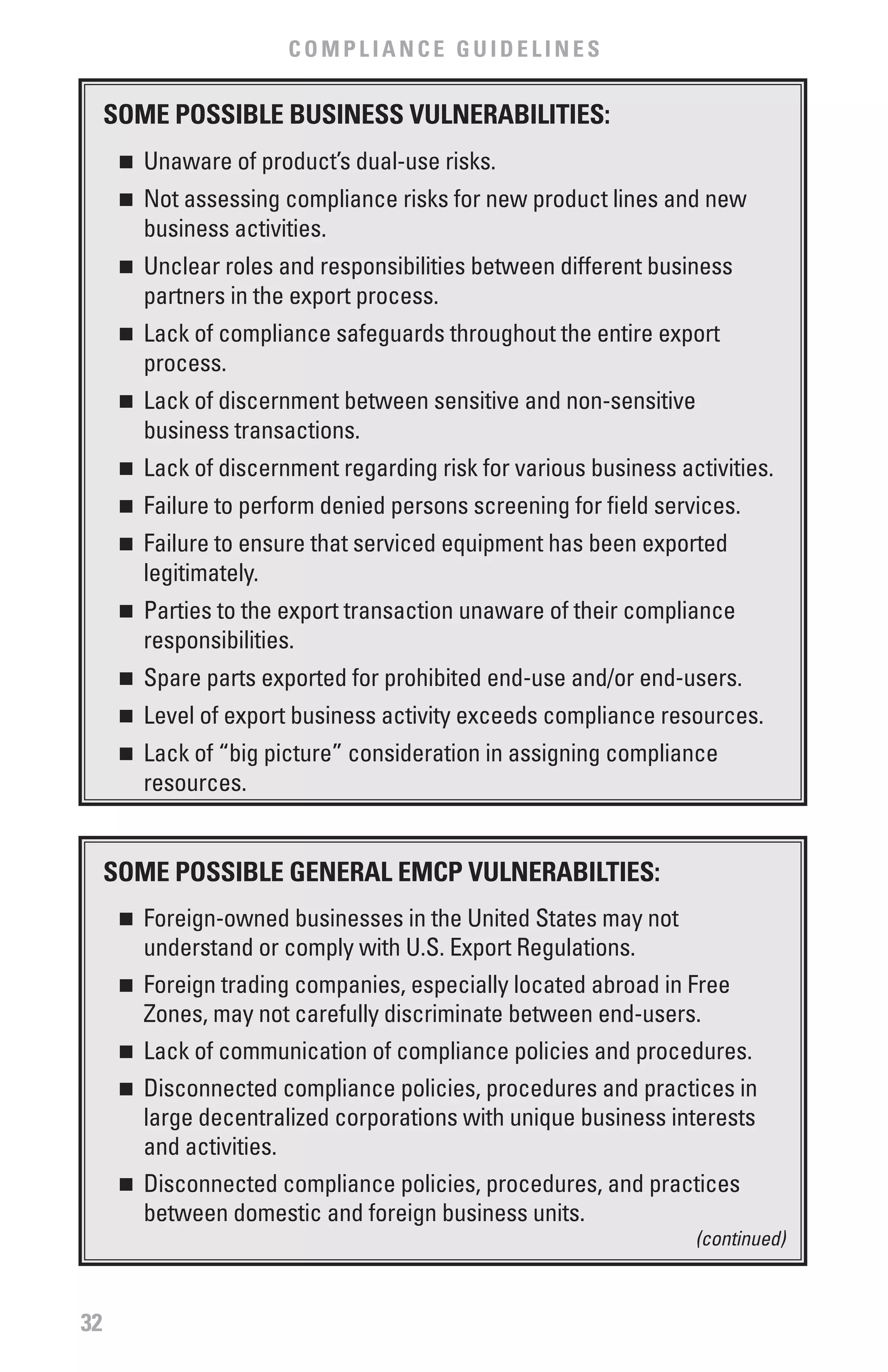COMPLIANCE GUIDELINES

     SOME POSSIbLE bUSINESS vULNERAbILITIES:
      n	 Unaware of product’s dual-use risks.
      n	 Not assessing compliance risks for new product lines and new
         business activities.
      n	 Unclear roles and responsibilities between different business
         partners in the export process.
      n	 Lack of compliance safeguards throughout the entire export
         process.
      n	 Lack of discernment between sensitive and non-sensitive
         business transactions.
      n	 Lack of discernment regarding risk for various business activities.
      n	 Failure to perform denied persons screening for field services.
      n	 Failure to ensure that serviced equipment has been exported
         legitimately.
      n	 Parties to the export transaction unaware of their compliance
         responsibilities.
      n	 Spare parts exported for prohibited end-use and/or end-users.
      n	 Level of export business activity exceeds compliance resources.
      n	 Lack of “big picture” consideration in assigning compliance
         resources.


     SOME POSSIbLE GENERAL EMCP vULNERAbILTIES:
      n	 Foreign-owned businesses in the United States may not
         understand or comply with U.S. Export Regulations.
      n	 Foreign trading companies, especially located abroad in Free
         Zones, may not carefully discriminate between end-users.
      n	 Lack of communication of compliance policies and procedures.
      n	 Disconnected compliance policies, procedures and practices in
         large decentralized corporations with unique business interests
         and activities.
      n	 Disconnected compliance policies, procedures, and practices
         between domestic and foreign business units.
                                                                   (continued)



32
 