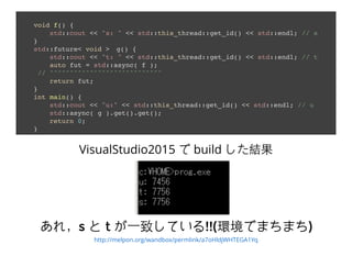 void f() {
std::cout << "s: " << std::this_thread::get_id() << std::endl; // s
}
std::future< void >　g() {
std::cout << "t: " << std::this_thread::get_id() << std::endl; // t
auto fut = std::async( f );
// ^^^^^^^^^^^^^^^^^^^^^^^^^^^^
return fut;
}
int main() {
std::cout << "u:" << std::this_thread::get_id() << std::endl; // u
std::async( g ).get().get();
return 0;
}
http://melpon.org/wandbox/permlink/a7oHldjWHTEGA1Yq
VisualStudio2015 で build した結果
あれ，あれ，ss とと tt が⼀一致しているが⼀一致している!!(!!(環境でまちまち環境でまちまち))
 