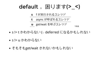 defaultdefault ，困ります，困ります(>_<)(>_<)
s != t かわからない (∵ deferred になるかもしれない
s != u かわからない
そもそもget/wait されないかもしれない
s f が実⾏行されるスレッド
t async が呼ばれるスレッド
u get/wait を呼ぶスレッド
*再掲
 
