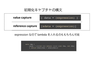 ڻץΘ?ĳڻץΘ?
value capture
reference capture
[ data = (expression) ]
[&data = (expression)]
auto cmp =
[eval = [](int i){ return -i;}] (int lhs, int rhs)
{ return eval(lhs) < eval(rhs);}
expression ʤΤ lambda ?Τ
 