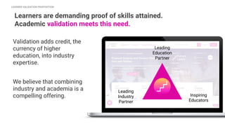 Validation adds credit, the
currency of higher
education, into industry
expertise.
We believe that combining
industry and academia is a
compelling offering.
Leading
Education
Partner
Leading
Industry
Partner
Inspiring
Educators
Learners are demanding proof of skills attained.
Academic validation meets this need.
LEARNER VALIDATION PROPOSITION
 
