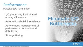 Performance
Massive I/O Parallelism
I/O processing load shared
among all servers
Automatic rebuild & rebalance
Autonomous management of
performance hot spots and
data layout

Eliminate I/O
Bottlenecks

Storage tiering

© Copyright 2014 EMC Corporation. All rights reserved.

7

 