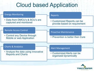 Cloud based Application
Energy Monitoring                     Reports
• Data from DMCU’s & SCU’s are
                                      • Customized Reports can be
  captured and monitored                provide based on requirement

Remote Access Control
                                      Proactive Maintenance
• Control any Device through
  Mobile or web Application           • Prevention is better then Cure


Charts & Analytics
                                      Alert Management
• Analyze the data using innovative
  Reports and Charts                  • Customized Alerts can be
                                        organized dynamically
 