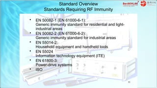 Standard Overview
Standards Requiring RF Immunity
• EN 50082-1 (EN 61000-6-1):
Generic immunity standard for residential and light-
industrial areas
• EN 50082-2 (EN 61000-6-2):
Generic immunity standard for industrial areas
• EN 55014-2:
Household equipment and handheld tools
• EN 55024
Information technology equipment (ITE)
• EN 61800-3:
Power-drive systems
• ISO
11
 