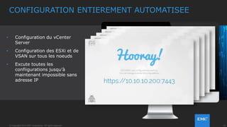 10© Copyright 2014 EMC Corporation. All rights reserved.© Copyright 2014 EMC Corporation. All rights reserved.
• Interface HTML5
standardisée
• Architecture intégrée au
client Web vCenter
• Interface utilisateur
simplifiée
• Simplification des tâches par
automatisation
• Validation des paramètres
entrés par l’utilisateur
SIMPLE A PARAMETRER
 