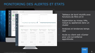 13© Copyright 2014 EMC Corporation. All rights reserved.© Copyright 2014 EMC Corporation. All rights reserved.
PROVISIONNER DES VMs
• Règles de déploiement basées sur
la taille et niveau de sécurité des
VMs
• Interface intuitive : création,
cloning, démarrage et arrêt des
VMs en quelques clics
• Vue unifiée de l’ensemble des
VMs sur l’ensemble des noeuds
• interoperabilité bi-directionnelle
avec le client web vCenter
 
